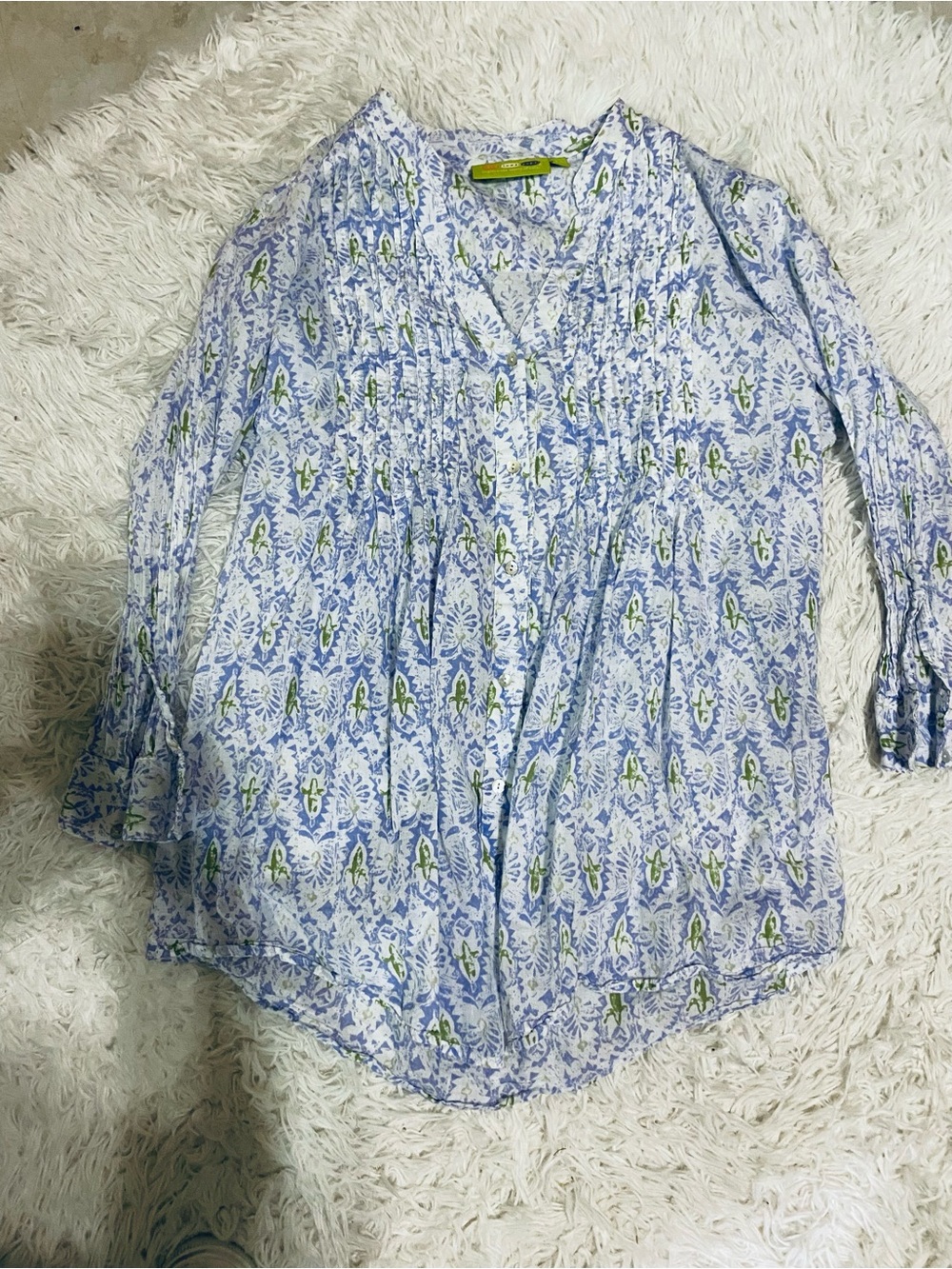 Rock Flower Paper Cotton Pintuck Tunic Blouse Large Blue Green Floral